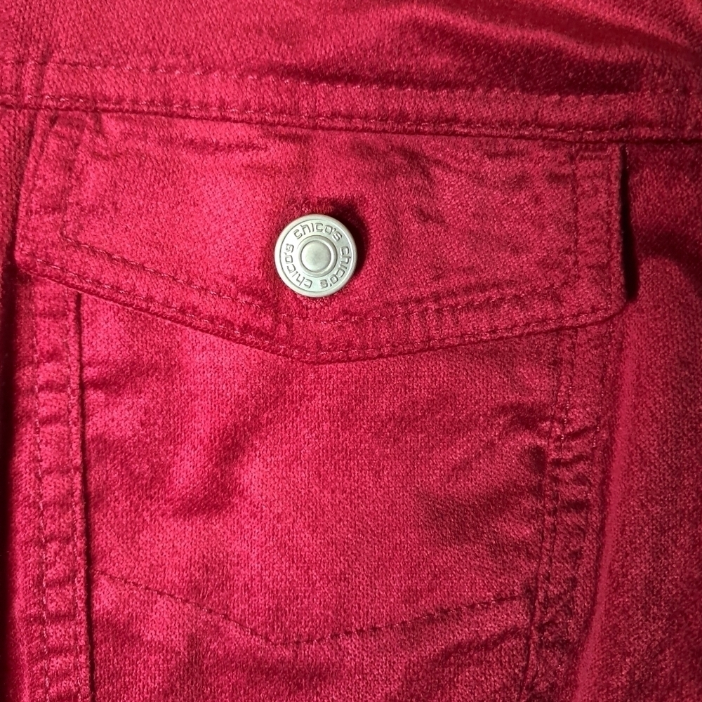 Chico's Elongated Velveteen Jacket Red Velvet Long Trucker Shacket Coat Size 2P - Picture 6 of 16